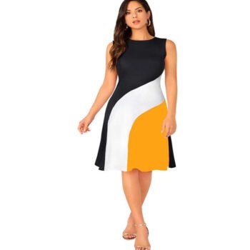 Miss Rare  Women Skater Black, White, Yellow Dress