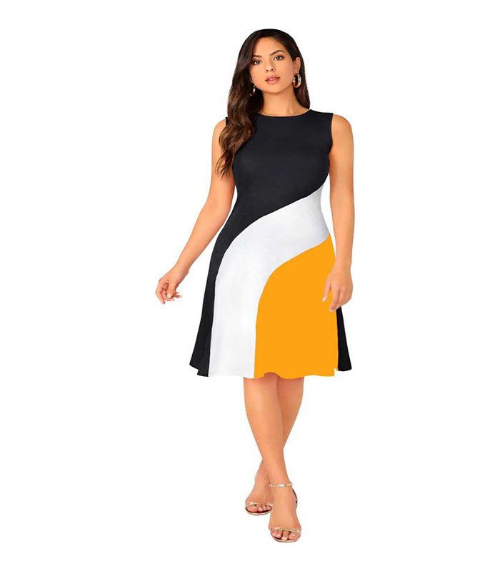 Miss Rare Women Skater Black, White, Yellow Dress