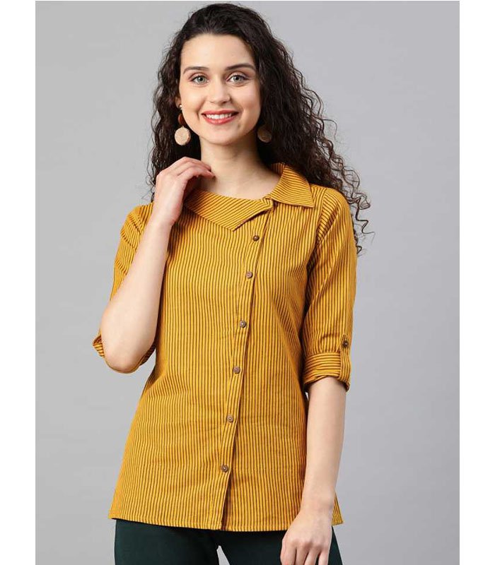 A Gallery Casual Regular Sleeve Striped Women Yellow Top