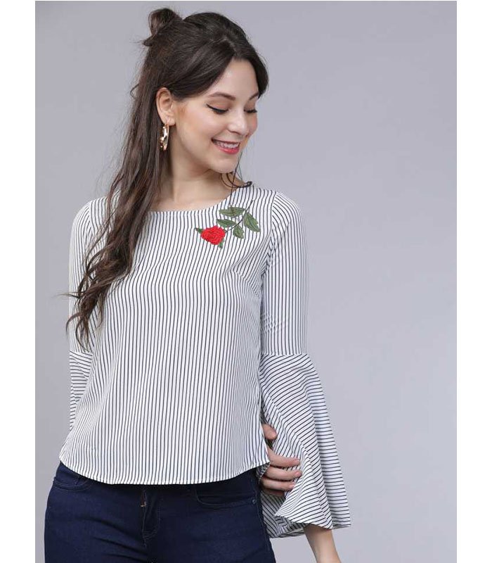 Casual Bell Sleeve Embroidered Women Multicolor Top