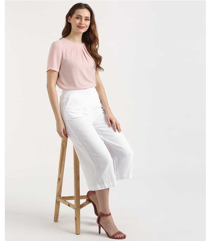 Relaxed Women White Cotton Linen Blend Trousers