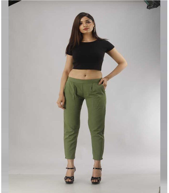Regular Fit Women Green Cotton Blend Trousers