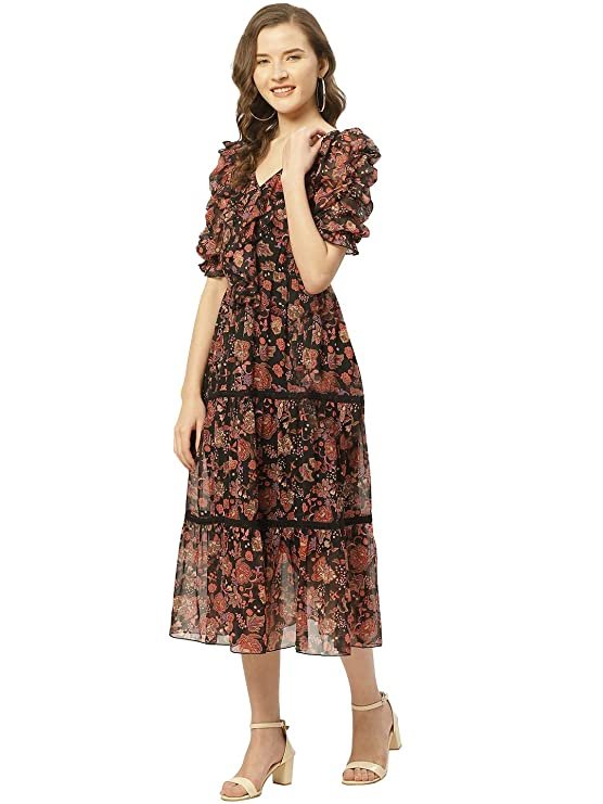 Women's Black & Rust Orange Floral Print Tiered Midi Fit & Flare Dress with Ruffles