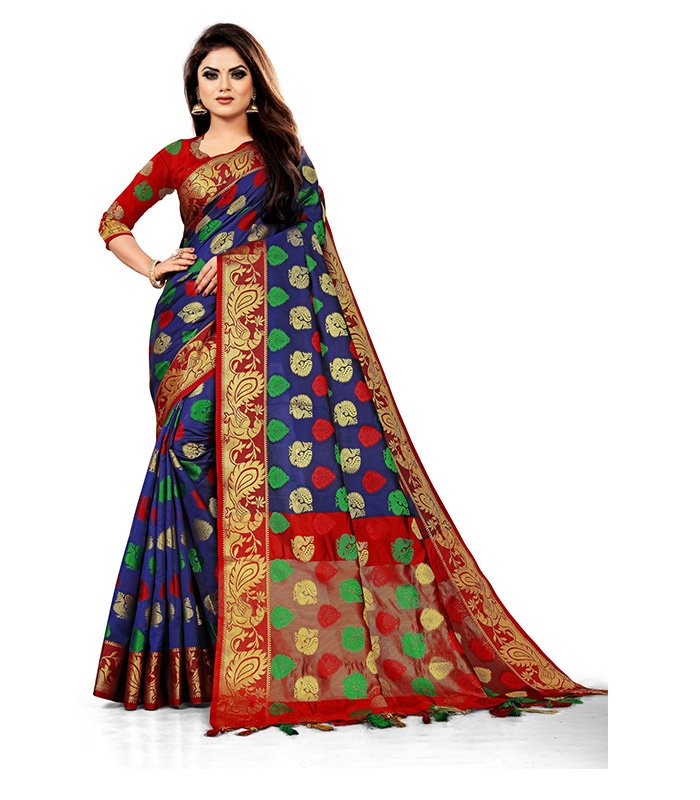 Woven, Embroidered, Checkered Banarasi Jacquard, Cotton Silk Saree (Blue)