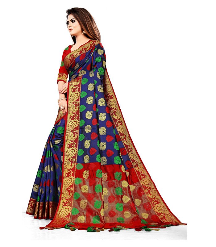 Woven, Embroidered, Checkered Banarasi Jacquard, Cotton Silk Saree (Blue) - Image 3