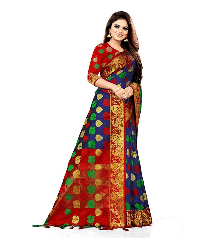 Woven, Embroidered, Checkered Banarasi Jacquard, Cotton Silk Saree (Blue) - Image 4