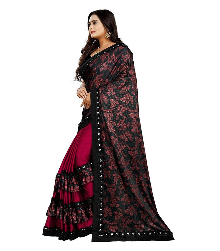Printed, Floral Print Fashion Lycra Blend Saree (Maroon, Black) - Image 3