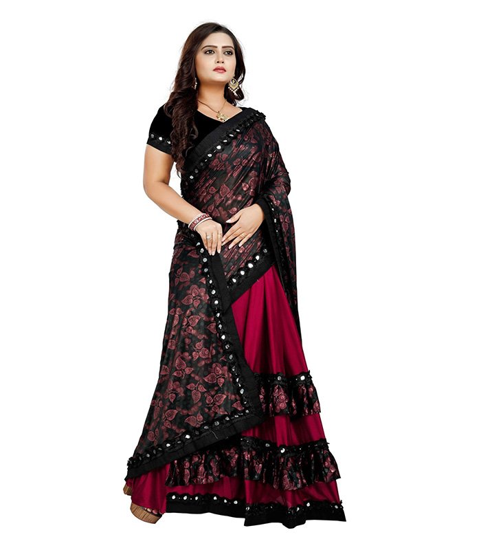 Printed, Floral Print Fashion Lycra Blend Saree (Maroon, Black) - Image 4