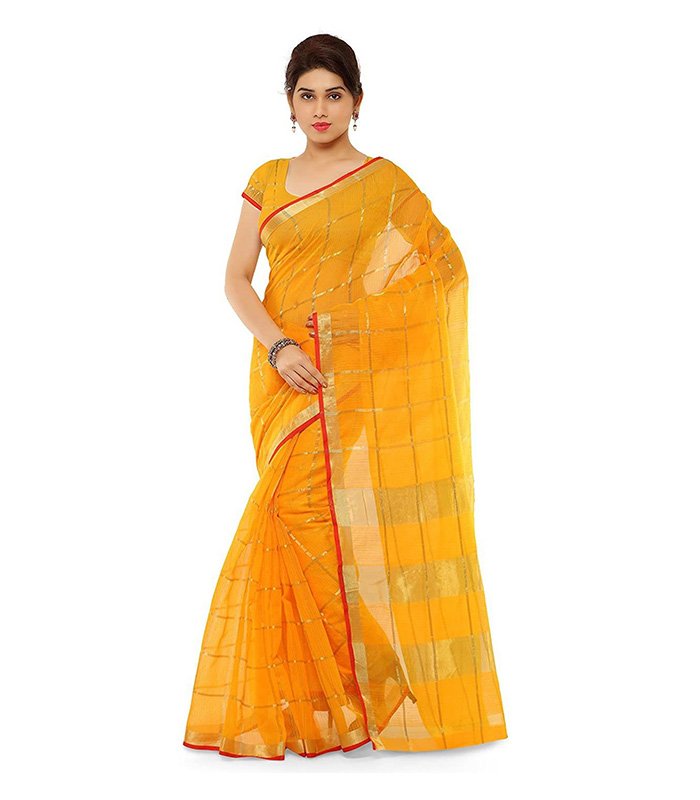 Woven, Striped, Self Design Kota Doria Cotton Silk Saree (Yellow)