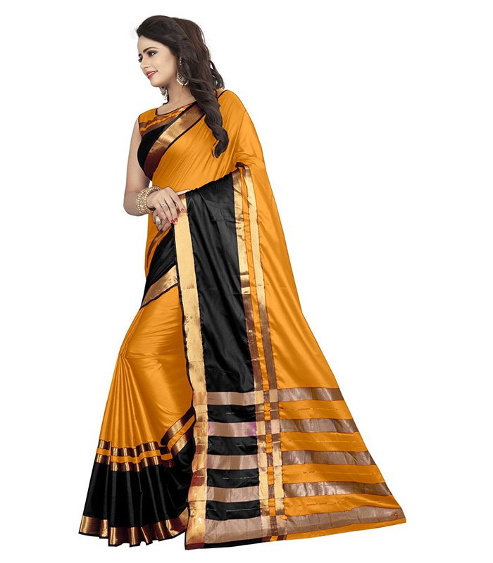 Striped Dharmavaram Cotton Silk Saree (Orange) - Image 3