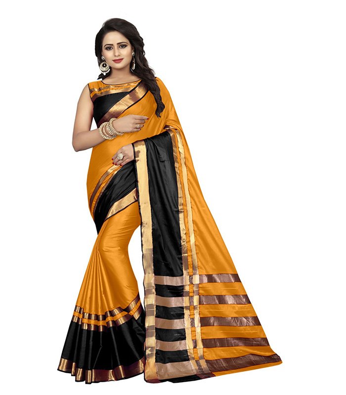 Striped Dharmavaram Cotton Silk Saree (Orange)