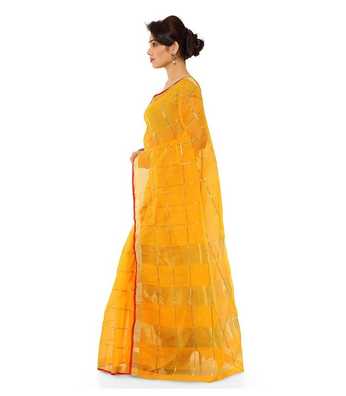 Woven, Striped, Self Design Kota Doria Cotton Silk Saree (Yellow) - Image 3