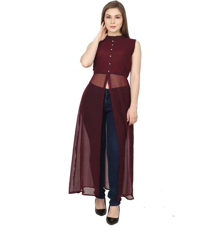 Pratyush Women Solid Georgette Frontslit Kurta (Brown)