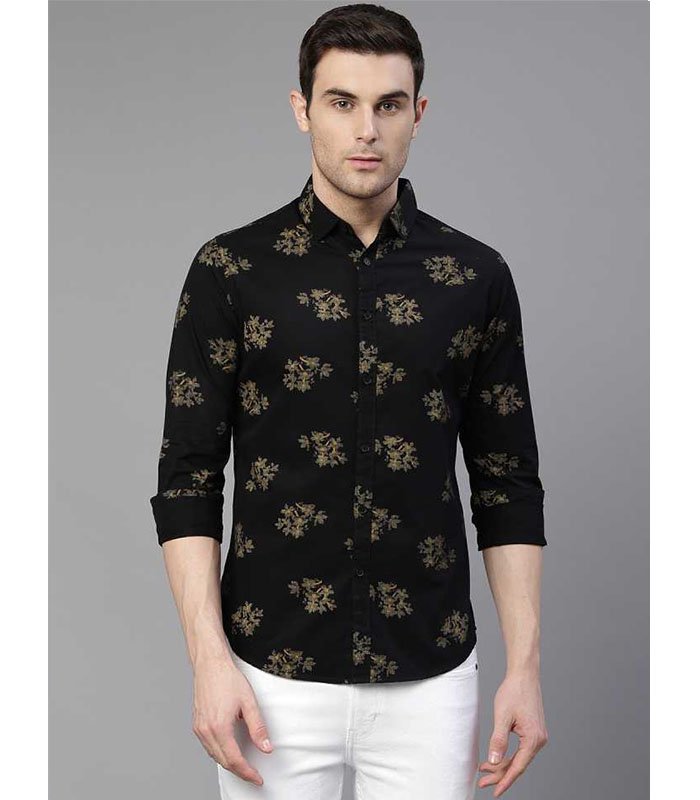 DL Men Slim Fit Floral Print Spread Collar Casual Shirt