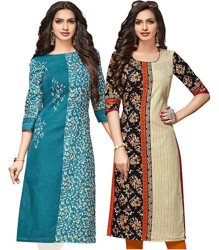 Prints Women Printed Pure Cotton Straight Kurta (Blue, Beige)