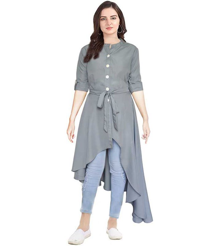 Gliter Fashion Women Solid Crepe Frontslit Kurta (Grey)