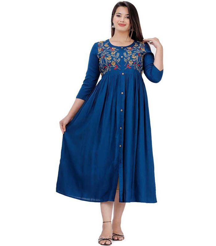 D Fashion Women Embroidered Rayon Flared Kurta  (Light Blue)