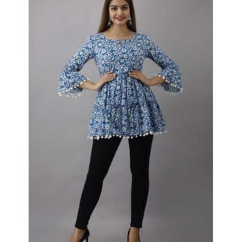 Casual Bell Sleeve Floral Print, Printed Women Light Blue Top