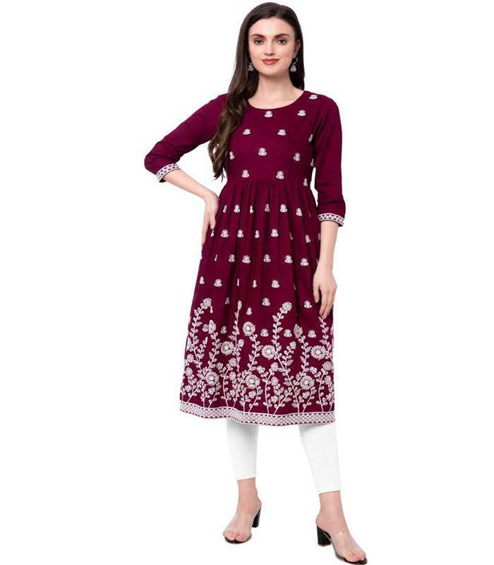 Purvi Women Embroidered Rayon Flared Kurta (Purple)