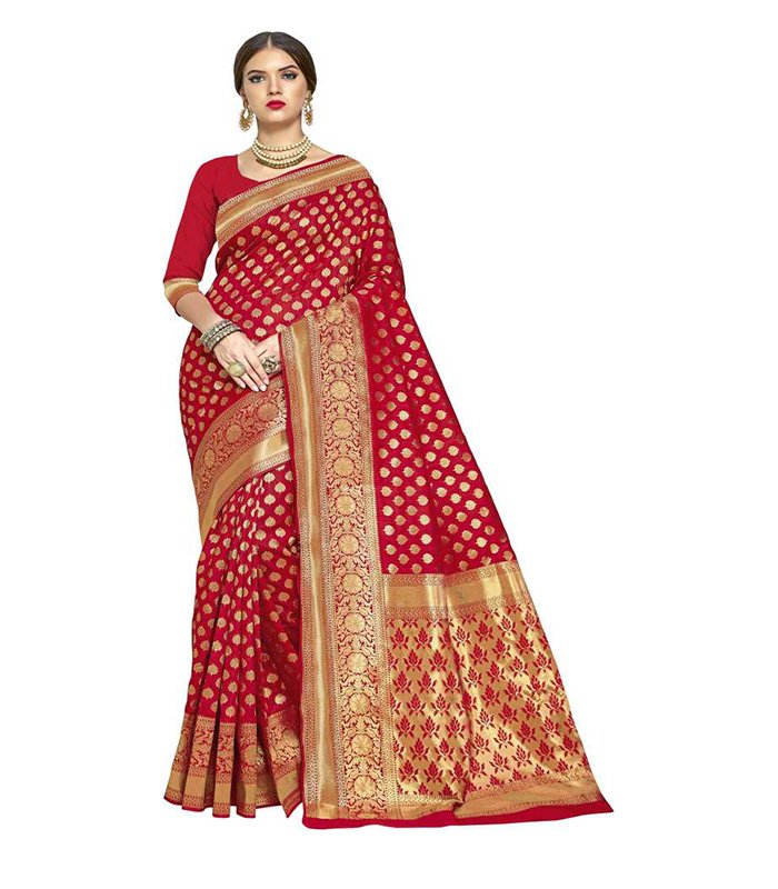 Woven Banarasi Silk Blend, Jacquard Saree (Red)