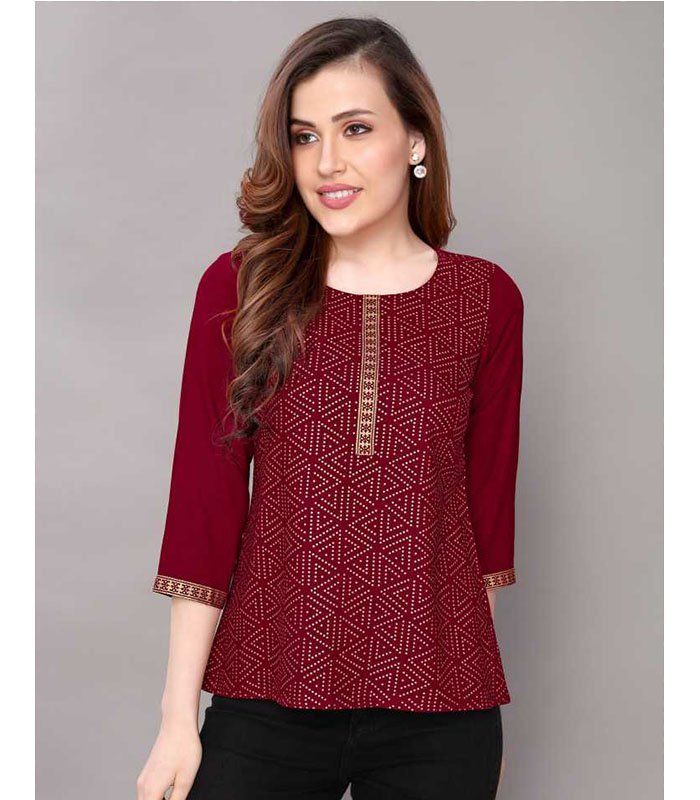 Casual 3/4 Sleeve Geometric Print, Printed Women Maroon Top
