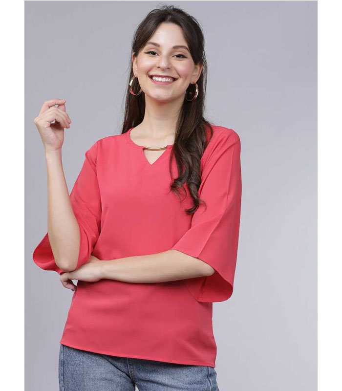 TT Casual 3/4 Sleeve Solid Women Pink Top